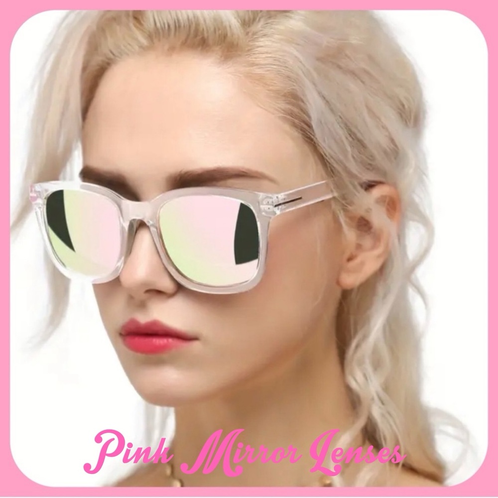 BRIGHT PINK MIRROR SUNGLASSES WITH CLEAR FRAMES AND PINK LEGS-NEW